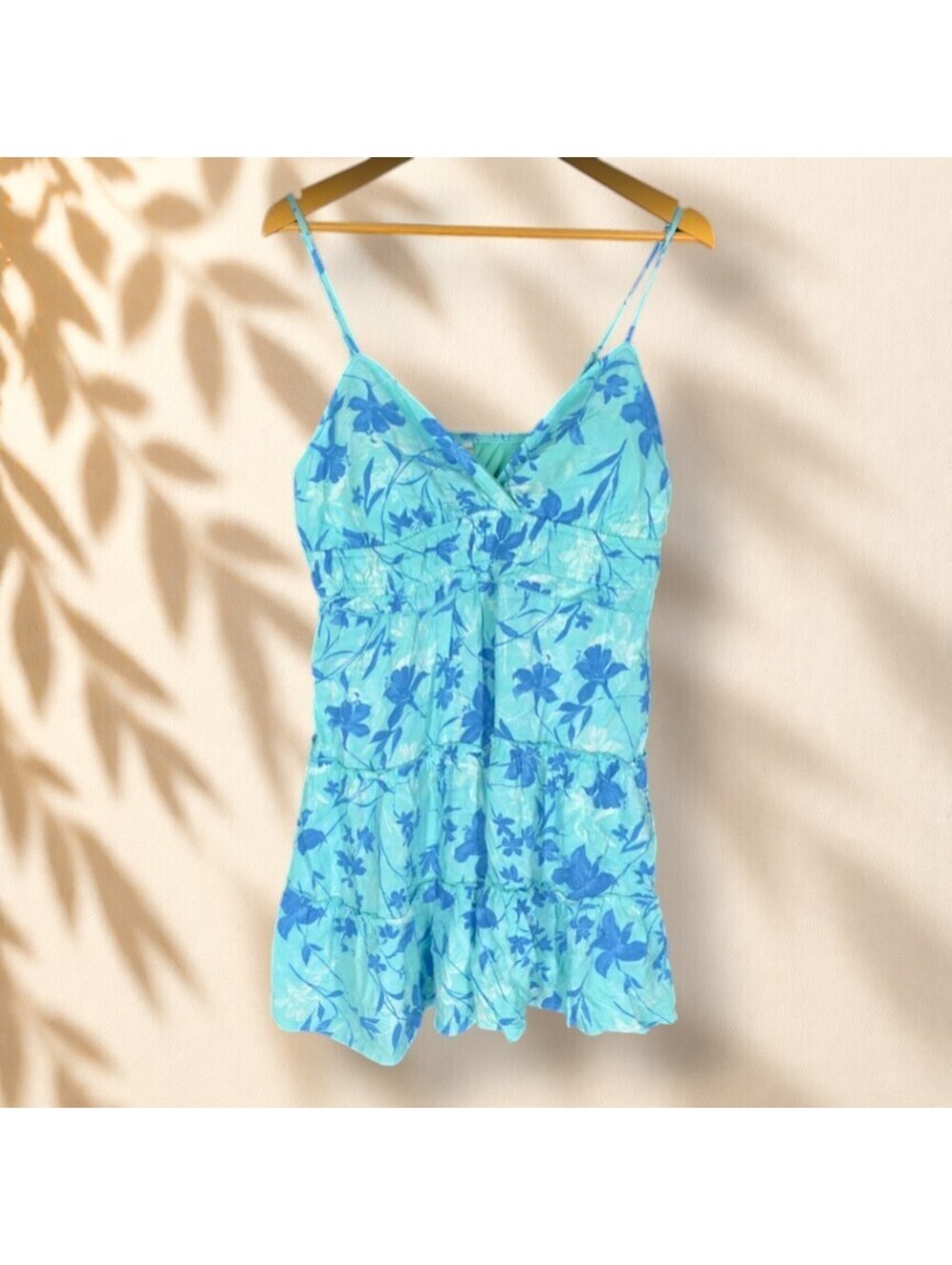 NoBo Sundress Women XL Blue Floral Short V-Neck Sleeveless Lined Rayon Casual